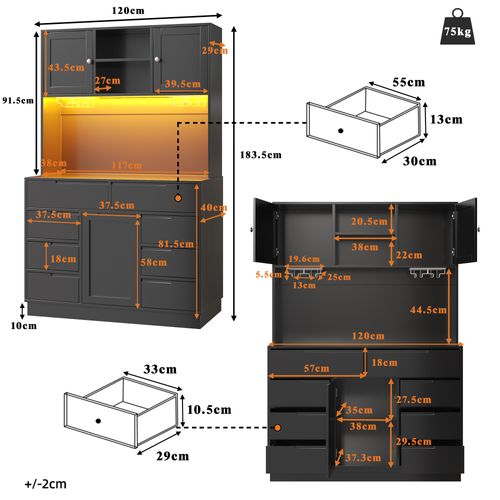 Buffet De Cuisine 120x40x183,5 Cm, Plan Large Avec LED Connectée, Mdf Et Métal, Noir