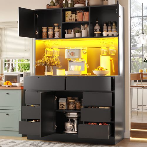 Buffet De Cuisine 120x40x183,5 Cm, Plan Large Avec LED Connectée, Mdf Et Métal, Noir