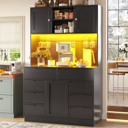 Buffet De Cuisine 120x40x183,5 Cm, Plan Large Avec LED Connectée, Mdf Et Métal, Noir