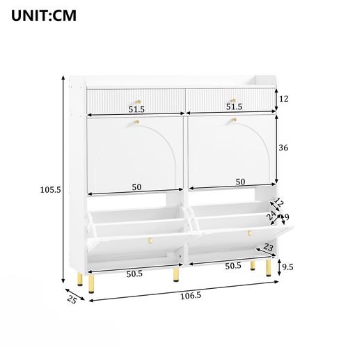 Meuble à Chaussures 106,5x25x105,5 Cm, 4 Abattants, 2 Tiroirs Gain De Place, Mdf, Pb, Blanc