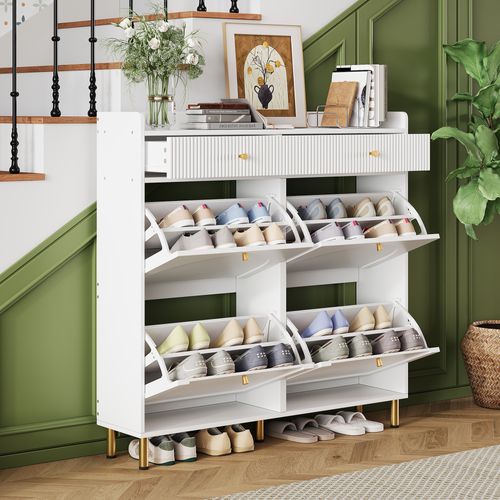 Meuble à Chaussures 106,5x25x105,5 Cm, 4 Abattants, 2 Tiroirs Gain De Place, Mdf, Pb, Blanc