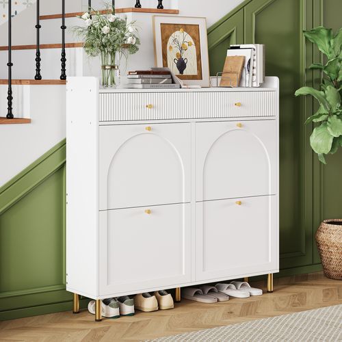 Meuble à Chaussures 106,5x25x105,5 Cm, 4 Abattants, 2 Tiroirs Gain De Place, Mdf, Pb, Blanc