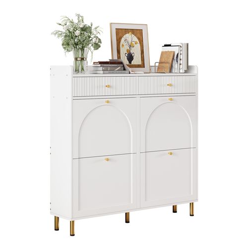 Meuble à Chaussures 106,5x25x105,5 Cm, 4 Abattants, 2 Tiroirs Gain De Place, Mdf, Pb, Blanc