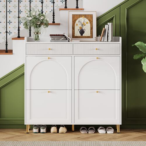 Meuble à Chaussures 106,5x25x105,5 Cm, 4 Abattants, 2 Tiroirs Gain De Place, Mdf, Pb, Blanc