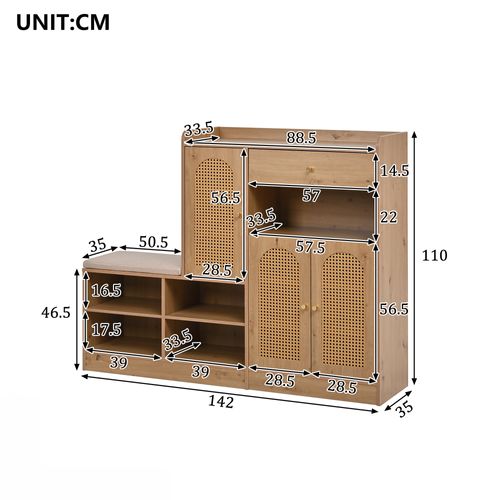 Meuble à Chaussures 142x35x110 Cm, Banc, 3 Portes En Rotin Perforé, Pb, Coloris Naturel
