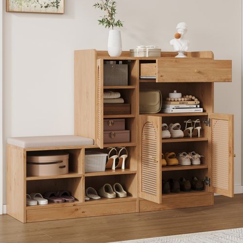 Meuble à Chaussures 142x35x110 Cm, Banc, 3 Portes En Rotin Perforé, Pb, Coloris Naturel