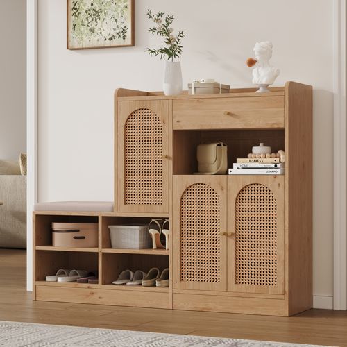 Meuble à Chaussures 142x35x110 Cm, Banc, 3 Portes En Rotin Perforé, Pb, Coloris Naturel