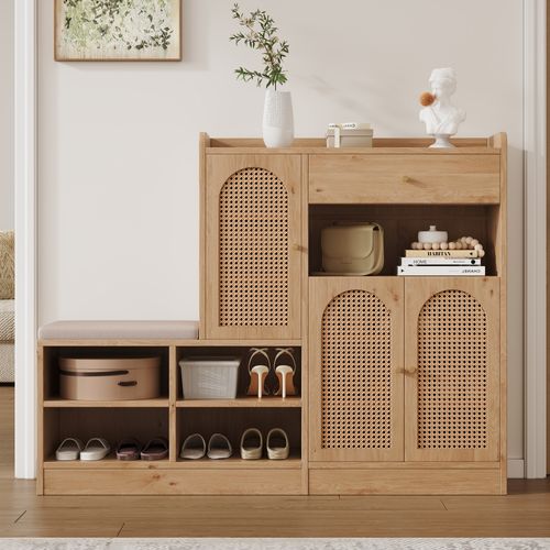 Meuble à Chaussures 142x35x110 Cm, Banc, 3 Portes En Rotin Perforé, Pb, Coloris Naturel