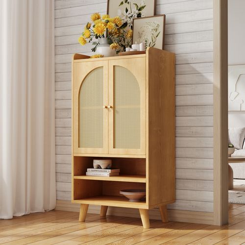 Buffet 60x40x121 Cm, Portes En Rotin, Grand Espace De Rangement, Pb, Coloris Naturel