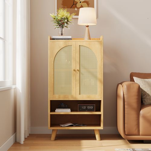 Buffet 60x40x121 Cm, Portes En Rotin, Grand Espace De Rangement, Pb, Coloris Naturel