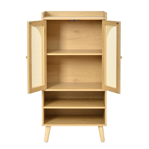 Buffet 60x40x121 Cm, Portes En Rotin, Grand Espace De Rangement, Pb, Coloris Naturel