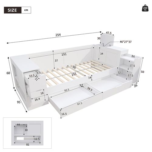 Lit Enfant 90x190 Cm, Multifonction Avec 4 Tiroirs, Chevet Coulissant, Mdf, Blanc