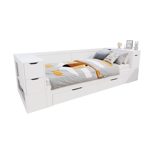 Lit Enfant 90x190 Cm, Multifonction Avec 4 Tiroirs, Chevet Coulissant, Mdf, Blanc