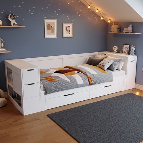 Lit Enfant 90x190 Cm, Multifonction Avec 4 Tiroirs, Chevet Coulissant, Mdf, Blanc