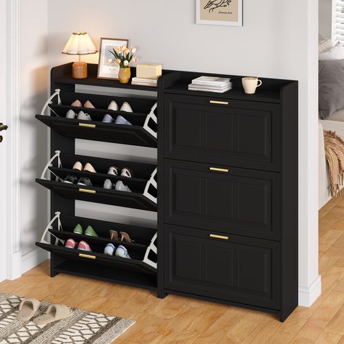 Lot De 2 Meuble à Chaussures 70x24x120 Cm, 6 Portes à Bascule, Mdf Et Panneaux De Particules, Noir