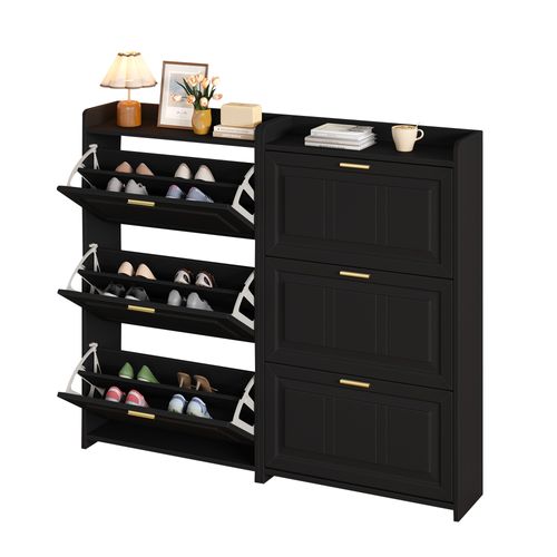 Lot De 2 Meuble à Chaussures 70x24x120 Cm, 6 Portes à Bascule, Mdf Et Panneaux De Particules, Noir