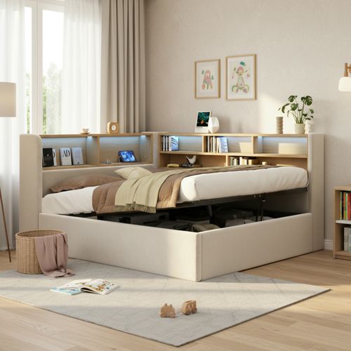 Lit Coffre 140x190 Cm, LED Et Ports USB, Rangement Caché, 7 Niches, Velours, Beige