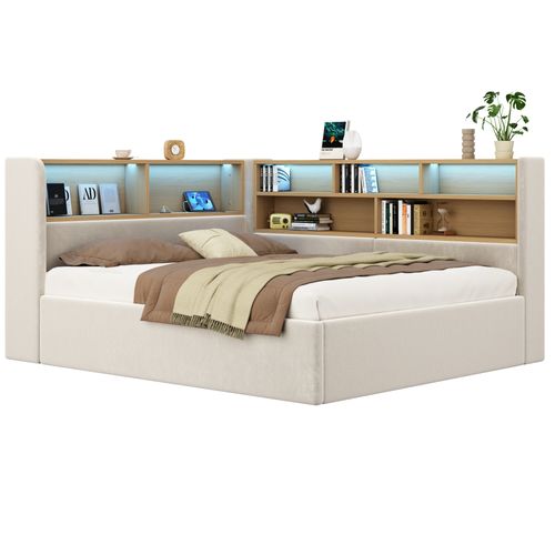 Lit Coffre 140x190 Cm, LED Et Ports USB, Rangement Caché, 7 Niches, Velours, Beige