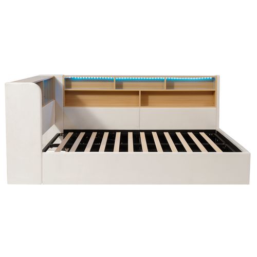 Lit Coffre 140x190 Cm, LED Et Ports USB, Rangement Caché, 7 Niches, Velours, Beige