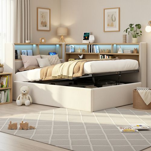 Lit Coffre 90x200 Cm, Coffre Hydraulique Avec LED Et Ports USB Et Type C, Velours, Beige