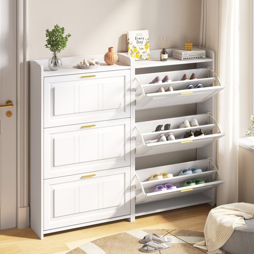 Lot De 2 Meuble à Chaussures 70x24x120 Cm, 6 Portes à Bascule, Mdf Et Panneaux, Blanc