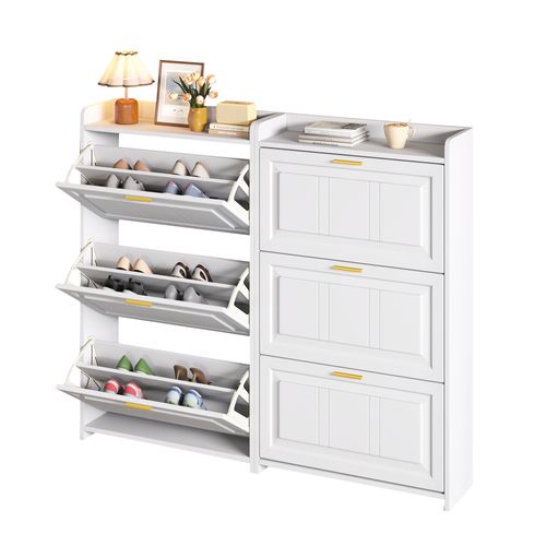 Lot De 2 Meuble à Chaussures 70x24x120 Cm, 6 Portes à Bascule, Mdf Et Panneaux, Blanc