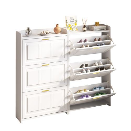 Lot De 2 Meuble à Chaussures 70x24x120 Cm, 6 Portes à Bascule, Mdf Et Panneaux, Blanc