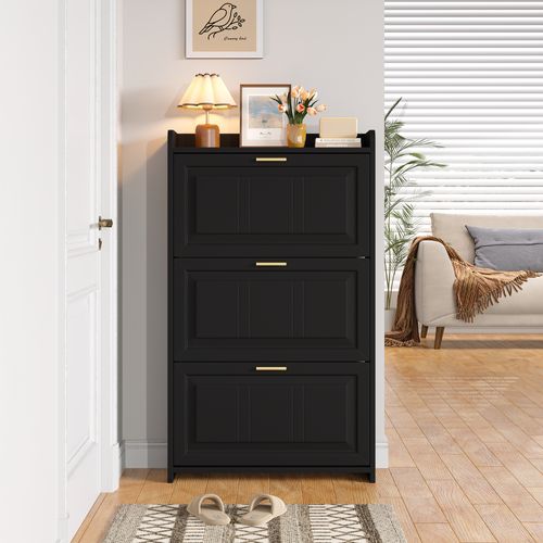 Meuble à Chaussures 70x24x120 Cm, 3 Portes à Bascule, Mdf Et Panneau De Particules, Noir