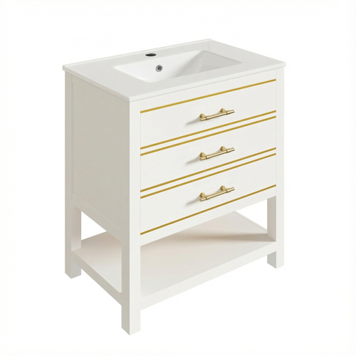Meuble Vasque 66x46.5x86 Cm, 2 Tiroirs Avec Découpe En U, Vasque Céramique, Mdf, Blanc Et Doré