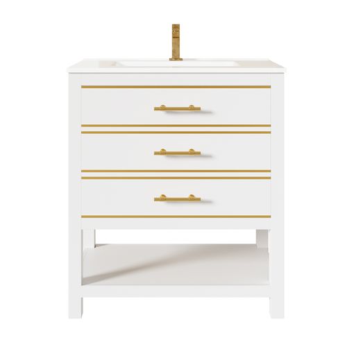 Meuble Vasque 66x46.5x86 Cm, 2 Tiroirs Avec Découpe En U, Vasque Céramique, Mdf, Blanc Et Doré