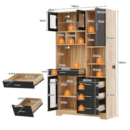 Buffet De Cuisine 100x40x185 Cm, Éclairage LED Multicolore Avec Télécommande, Mdf, Noir+bois