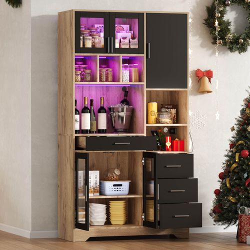 Buffet De Cuisine 100x40x185 Cm, Éclairage LED Multicolore Avec Télécommande, Mdf, Noir+bois