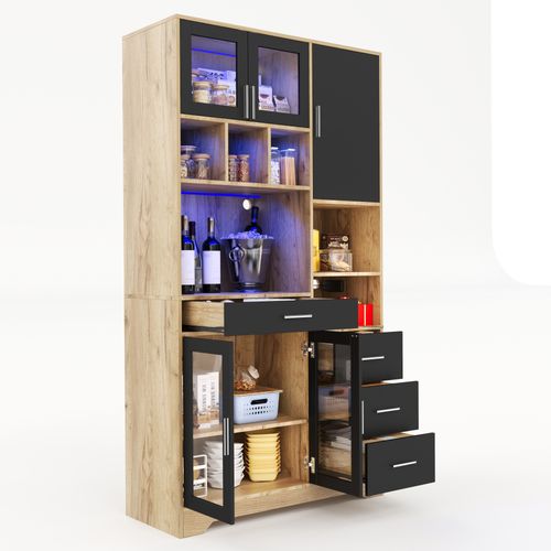 Buffet De Cuisine 100x40x185 Cm, Éclairage LED Multicolore Avec Télécommande, Mdf, Noir+bois