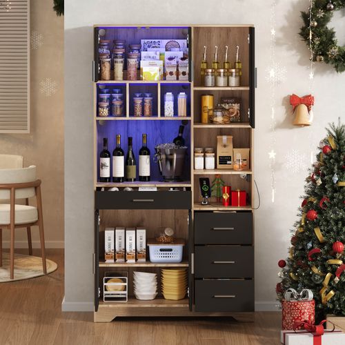 Buffet De Cuisine 100x40x185 Cm, Éclairage LED Multicolore Avec Télécommande, Mdf, Noir+bois