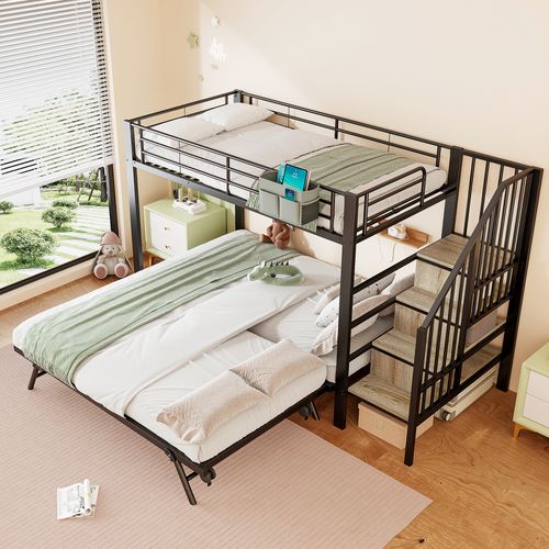 Lit Superposé 90x200 Cm, Lit Gigogne Extensible 180x200 Cm, Structure En Métal, Noir+bois