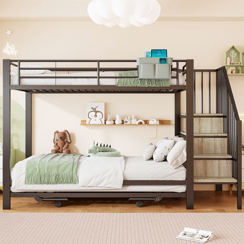 Lit Superposé 90x200 Cm, Lit Gigogne Extensible 180x200 Cm, Structure En Métal, Noir+bois
