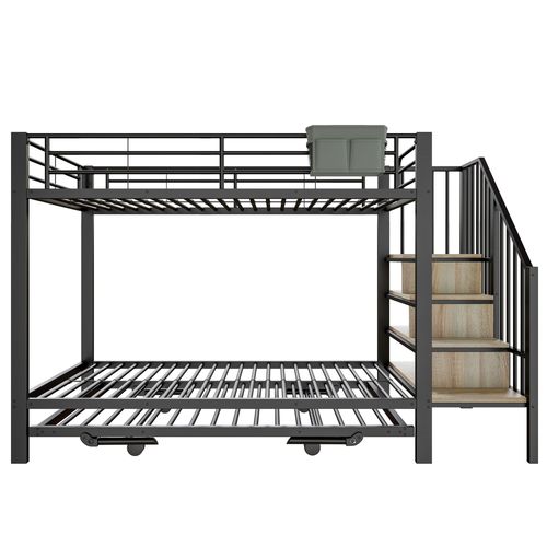 Lit Superposé 90x200 Cm, Lit Gigogne Extensible 180x200 Cm, Structure En Métal, Noir+bois