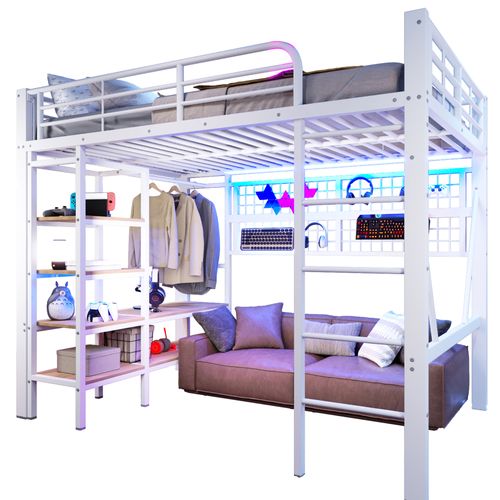 Lit Mezzanine 140x200 Cm, Métal Et Mdf, LED Pilotable, Rangement Filet Et Tringle, Blanc+bois