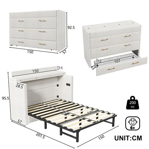 Lit Rabattable 140x200 Cm, 1 Tiroir Et Prises USB Et Type C, Lin, Métal, Mdf, Beige+noir