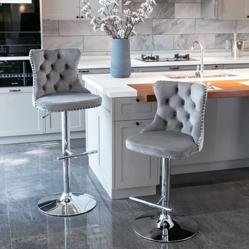Lot De 2 Tabourets De Bar, Hauteur Réglable 63 à 84 Cm, Moderne, Velours, Gris