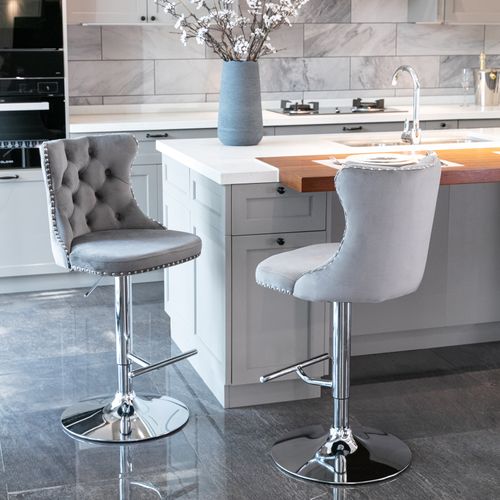 Lot De 2 Tabourets De Bar, Hauteur Réglable 63 à 84 Cm, Moderne, Velours, Gris
