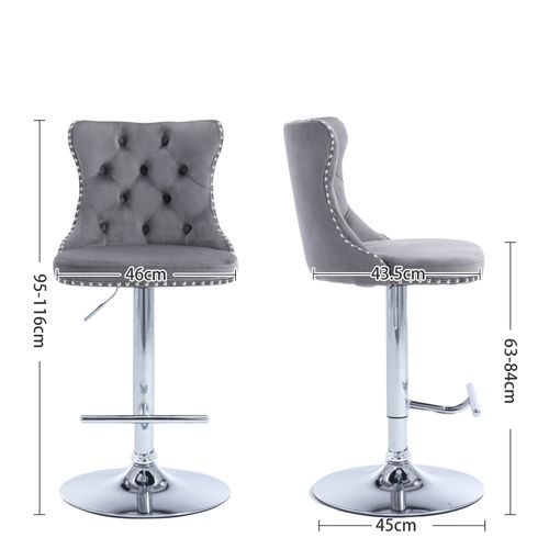 Lot De 2 Tabourets De Bar, Hauteur Réglable 63 à 84 Cm, Moderne, Velours, Gris