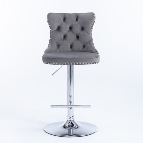 Lot De 2 Tabourets De Bar, Hauteur Réglable 63 à 84 Cm, Moderne, Velours, Gris