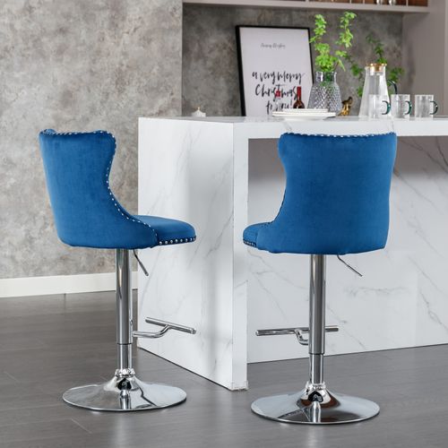 Lot De 2 Tabourets De Bar, Hauteur Réglable 63 à 84 Cm, Moderne, Velours, Bleu