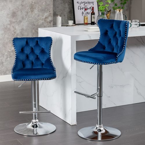 Lot De 2 Tabourets De Bar, Hauteur Réglable 63 à 84 Cm, Moderne, Velours, Bleu