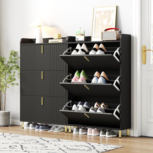 Lot De 2 Meubles à Chaussures 80x23.5x123.5 Cm, 6 Portes à Bascule, Mdf, Noir+doré