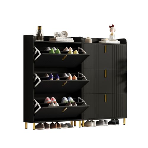 Lot De 2 Meubles à Chaussures 80x23.5x123.5 Cm, 6 Portes à Bascule, Mdf, Noir+doré