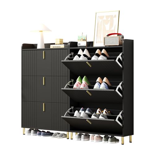 Lot De 2 Meubles à Chaussures 80x23.5x123.5 Cm, 6 Portes à Bascule, Mdf, Noir+doré