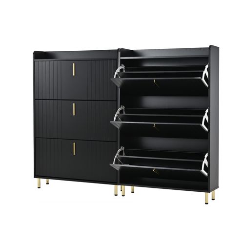 Lot De 2 Meubles à Chaussures 80x23.5x123.5 Cm, 6 Portes à Bascule, Mdf, Noir+doré