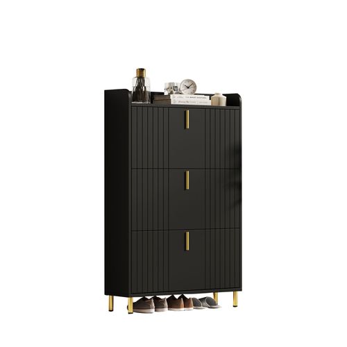 Meuble à Chaussures 80x23x123,5 Cm, 3 Portes à Bascule Avec Socle Métallique Doré, Mdf, Noir+doré